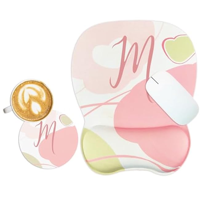 Personalized Mouse Pad with Wrist Support Gel,Ergonomic Mouse Pads with Coaster,Small Cute Initial Non-Slip Rubber Base Mouse Pad for Easy Typing Pain Relief Work Office Desk Accessories,M