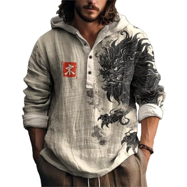 MARSVOVO Novelty Hippie Light Weight Hoodie for Men Long Sleeve Hooded Shirt Casual Quarter Button Tops for Spring Fall - Image 35