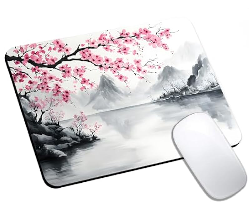 Watercolor Cherry Blossom Japanese Mouse Pad with Non-Slip Rubber Base, Custom Mousepad Washable Square Design for Wireless Mouse Pads for Desk, 9.5x7.9 Inch Smooth Surface for Gaming & Office