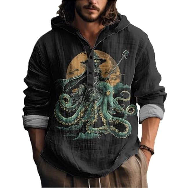 MARSVOVO Novelty Hippie Light Weight Hoodie for Men Long Sleeve Hooded Shirt Casual Quarter Button Tops for Spring Fall - Image 36