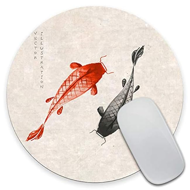 Gaming Round Mouse Pad Custom, Red and Black Koi Carps Hand Drawn with Ink in Traditional Japanese Non-Slip Rubber Mouse Pad Mousepad