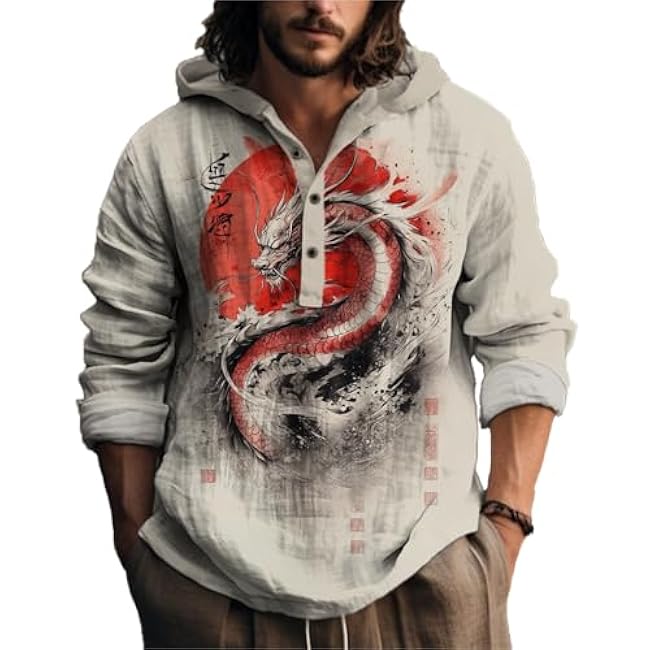 MARSVOVO Novelty Hippie Light Weight Hoodie for Men Long Sleeve Hooded Shirt Casual Quarter Button Tops for Spring Fall - Image 24