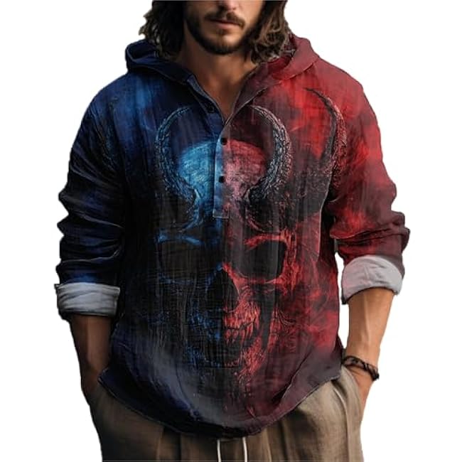 MARSVOVO Novelty Hippie Light Weight Hoodie for Men Long Sleeve Hooded Shirt Casual Quarter Button Tops for Spring Fall - Image 9