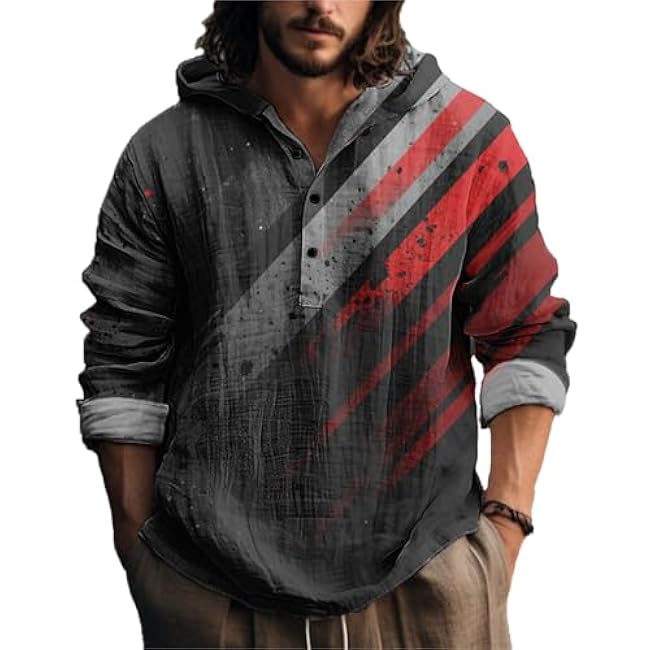MARSVOVO Novelty Hippie Light Weight Hoodie for Men Long Sleeve Hooded Shirt Casual Quarter Button Tops for Spring Fall - Image 12