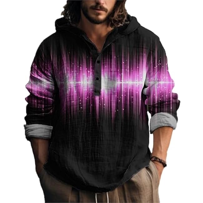MARSVOVO Novelty Hippie Light Weight Hoodie for Men Long Sleeve Hooded Shirt Casual Quarter Button Tops for Spring Fall - Image 15