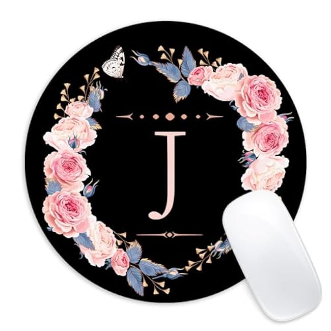 Letter J Black and Pink Flowers Round Mouse Pad, Funny Small Mouse Mat with Non-Slip Rubber Base, Home Office Decor Desk Accessory, 8.7 inch Round