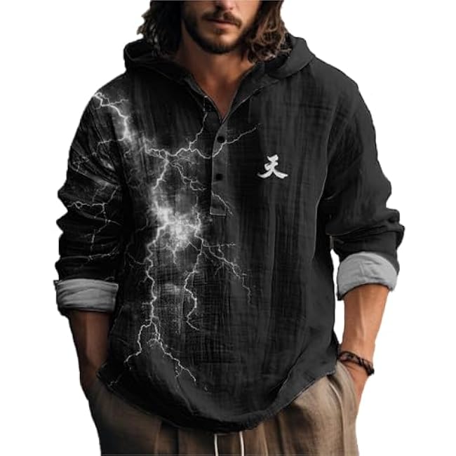 MARSVOVO Novelty Hippie Light Weight Hoodie for Men Long Sleeve Hooded Shirt Casual Quarter Button Tops for Spring Fall - Image 28