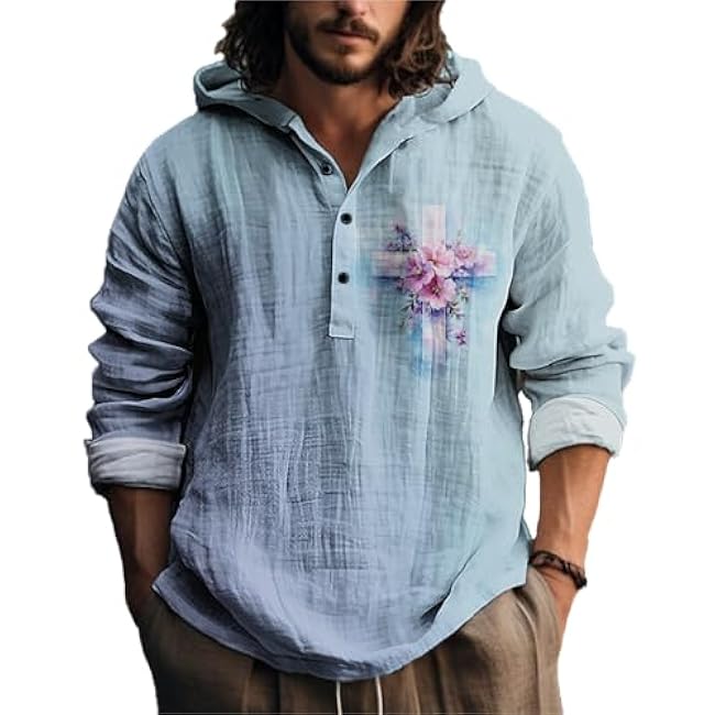 MARSVOVO Novelty Hippie Light Weight Hoodie for Men Long Sleeve Hooded Shirt Casual Quarter Button Tops for Spring Fall - Image 10