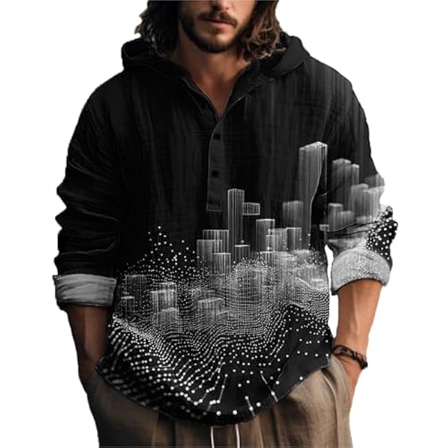 MARSVOVO Novelty Hippie Light Weight Hoodie for Men Long Sleeve Hooded Shirt Casual Quarter Button Tops for Spring Fall