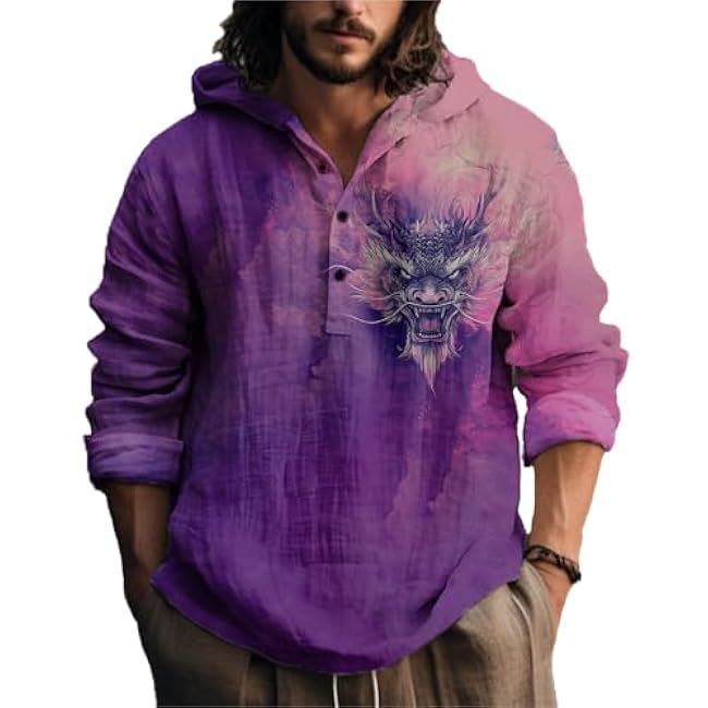MARSVOVO Novelty Hippie Light Weight Hoodie for Men Long Sleeve Hooded Shirt Casual Quarter Button Tops for Spring Fall - Image 19