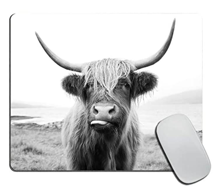 Black and White Mouse Pad, Scottish Highland Cow on Isle of Mull Mouse Pad, Mouse Mat Square Mouse Pad Non Slip Rubber Base MousePads for Office Laptop, 9.5"x7.9"x0.12" Inch