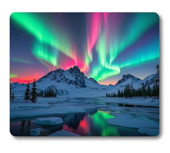 Aurora Starry Sky Nature Scenery Mouse Pad, Pink Purple Green Blue Borealis Northern Lights Mousepad, Snowy Mountain Calm Glacier Mice Mat Desk Decor Accessories