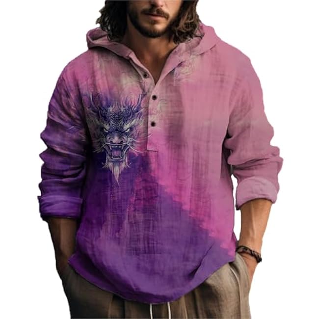 MARSVOVO Novelty Hippie Light Weight Hoodie for Men Long Sleeve Hooded Shirt Casual Quarter Button Tops for Spring Fall - Image 33