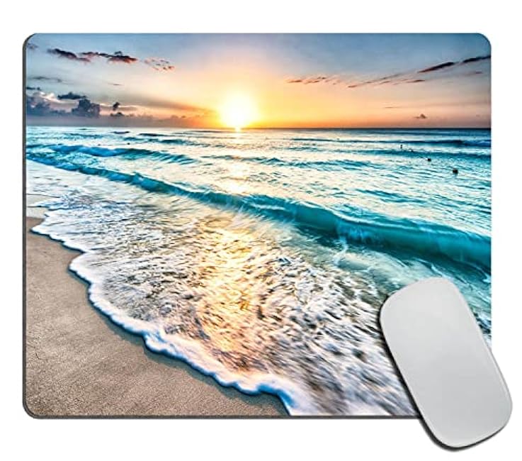 Tropical Sea Beach Ocean Waves Mouse Pad, Seaside Scene Island Hawaiian Sunrise Beach Theme Customized Non-Slip Rubber Base Mousepads, Computer Mouse Pads for Wireless Mouse 9.5×7.9×0.12 inches