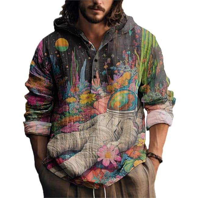 MARSVOVO Novelty Hippie Light Weight Hoodie for Men Long Sleeve Hooded Shirt Casual Quarter Button Tops for Spring Fall - Image 13