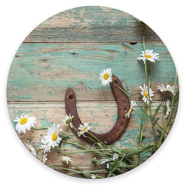 Round Mouse Pad,Teal Rustic Wooden Horseshoe Daisy Mouse pad,Custom Small Mouse Pads with Designs,Portable Office Non-Slip Rubber Base Wireless Mouse Pad for Laptop 7.9×7.9×0.12 inches