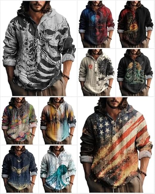 MARSVOVO Novelty Hippie Light Weight Hoodie for Men Long Sleeve Hooded Shirt Casual Quarter Button Tops for Spring Fall - Image 3