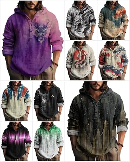 MARSVOVO Novelty Hippie Light Weight Hoodie for Men Long Sleeve Hooded Shirt Casual Quarter Button Tops for Spring Fall - Image 2