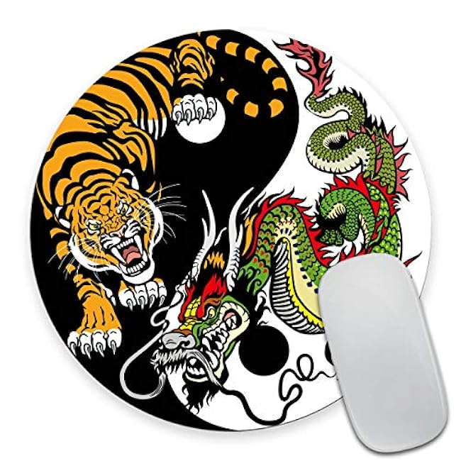 Smooffly Round Gaming Mouse Pad Custom Design, Dragon and Tiger Yin Yang Symbol of Harmony and Balance Non-Slip Rubber Mouse Pads Cute Mat