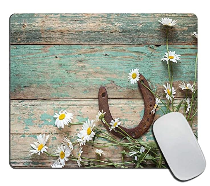 Mouse Pad, Teal Rustic Wooden Horseshoe Daisy Mouse Pad, Washable Square Cloth Mousepad for Office Laptop, Non-Slip Rubber Base Mouse Pads for Wireless Mouse, Computer Mouse Pads for Desk