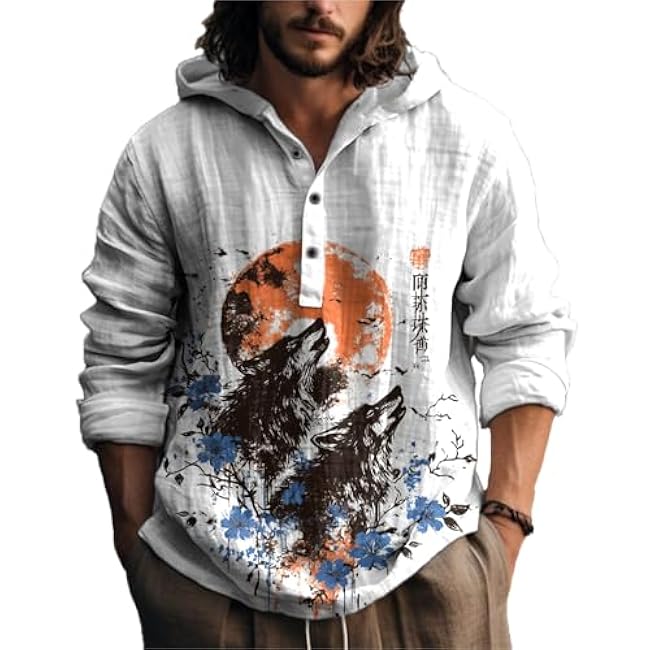 MARSVOVO Novelty Hippie Light Weight Hoodie for Men Long Sleeve Hooded Shirt Casual Quarter Button Tops for Spring Fall - Image 26