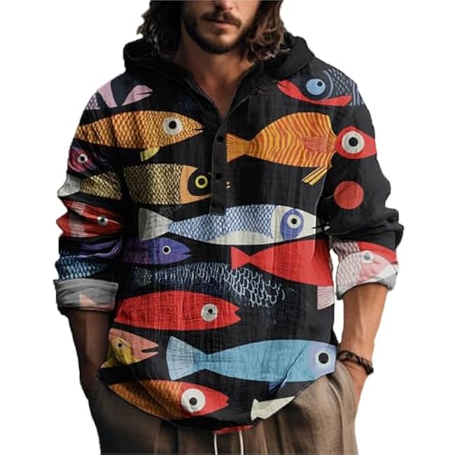 MARSVOVO Novelty Hippie Light Weight Hoodie for Men Long Sleeve Hooded Shirt Casual Quarter Button Tops for Spring Fall - Image 25