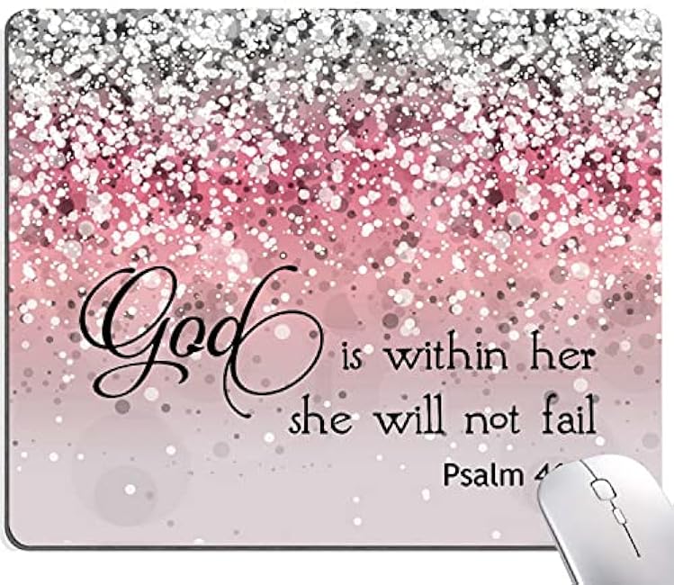 Mouse Pad, Bible Verse Pink Sparkles Glitter Mouse pad, Square Waterproof Mouse Pad Non-Slip Rubber Base MousePads for Office Laptop, (Psalm 46:5 God is Within Her,She Will not Fall)