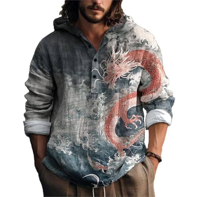 MARSVOVO Novelty Hippie Light Weight Hoodie for Men Long Sleeve Hooded Shirt Casual Quarter Button Tops for Spring Fall - Image 18