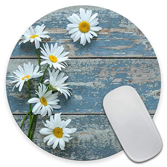 Custom Mouse pad Floral Round Mousepad Daisy Flowers On Old Wooden Office Decor for Women Desk Accessories Yellow Flowers Mousepad Present for her Cute Pad