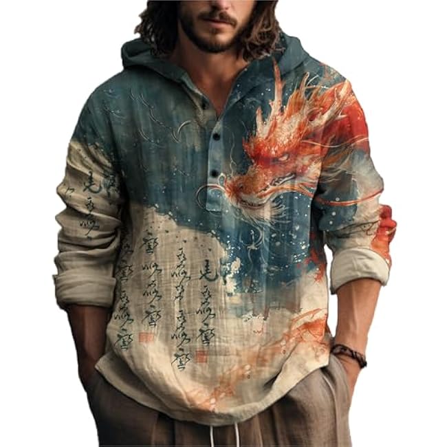 MARSVOVO Novelty Hippie Light Weight Hoodie for Men Long Sleeve Hooded Shirt Casual Quarter Button Tops for Spring Fall - Image 27