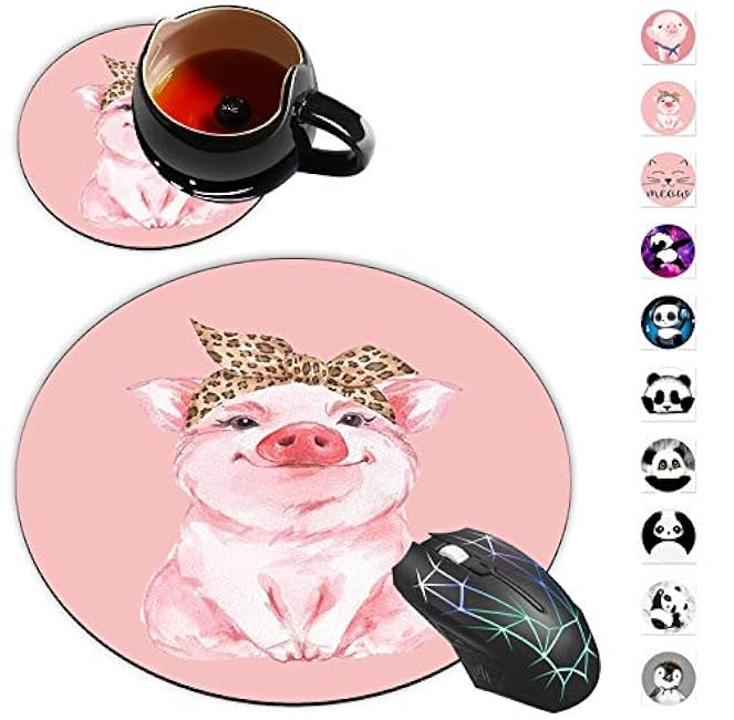 Round Mouse Pad and Coaster Set, Pig Cute Piggy Wearing Leopard Bandanna Mousepad, Non-Slip Rubber Base Gaming Mouse Pads for Working Or Game