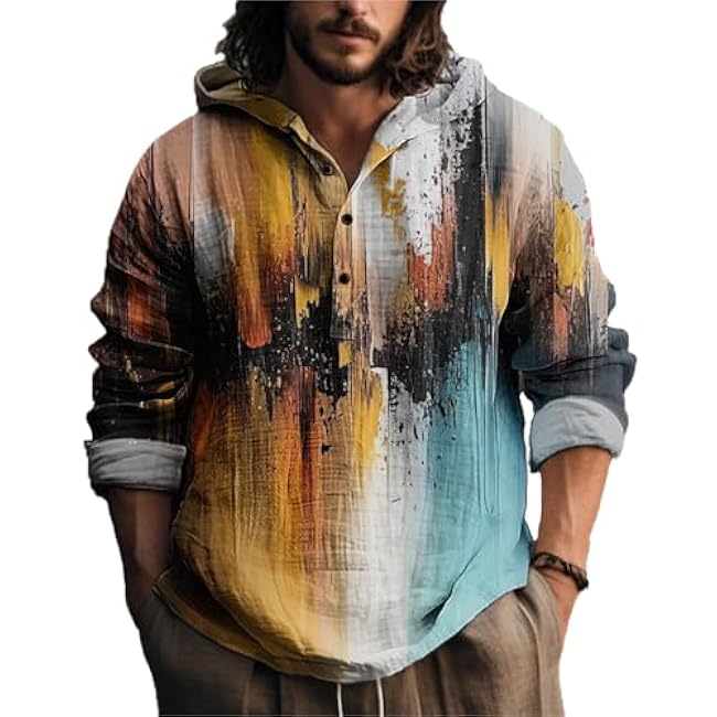 MARSVOVO Novelty Hippie Light Weight Hoodie for Men Long Sleeve Hooded Shirt Casual Quarter Button Tops for Spring Fall - Image 22